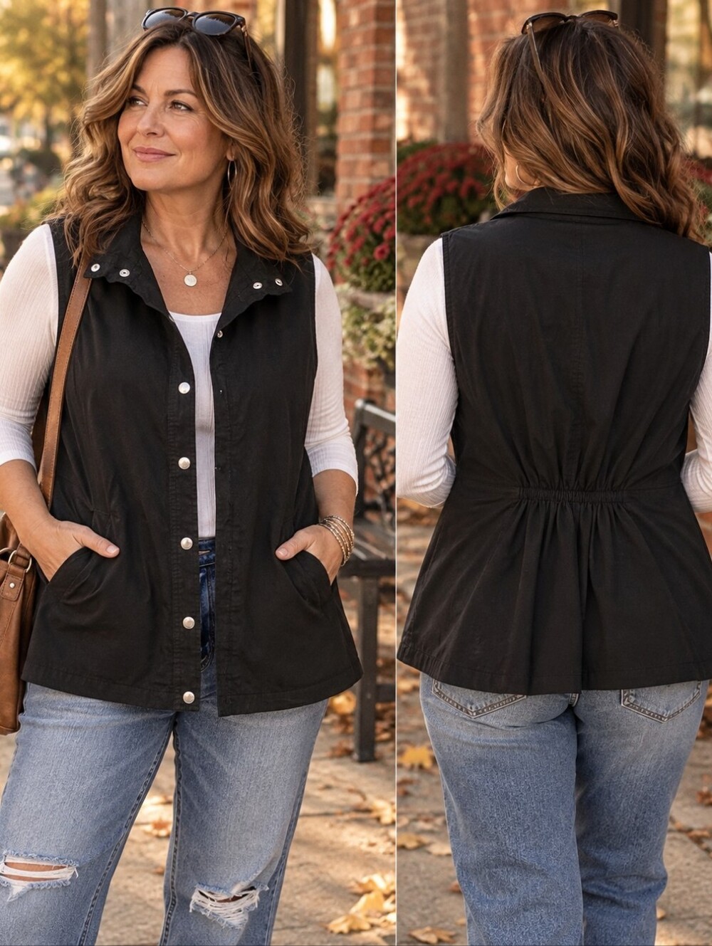 Collections Etc XL Black Cotton Snap Front Cinch Back Utility Vest Pockets